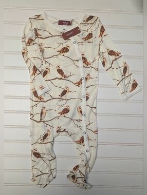 Milkbarn Bamboo Baby Owl Print Footed One-Piece - Cream/Brown